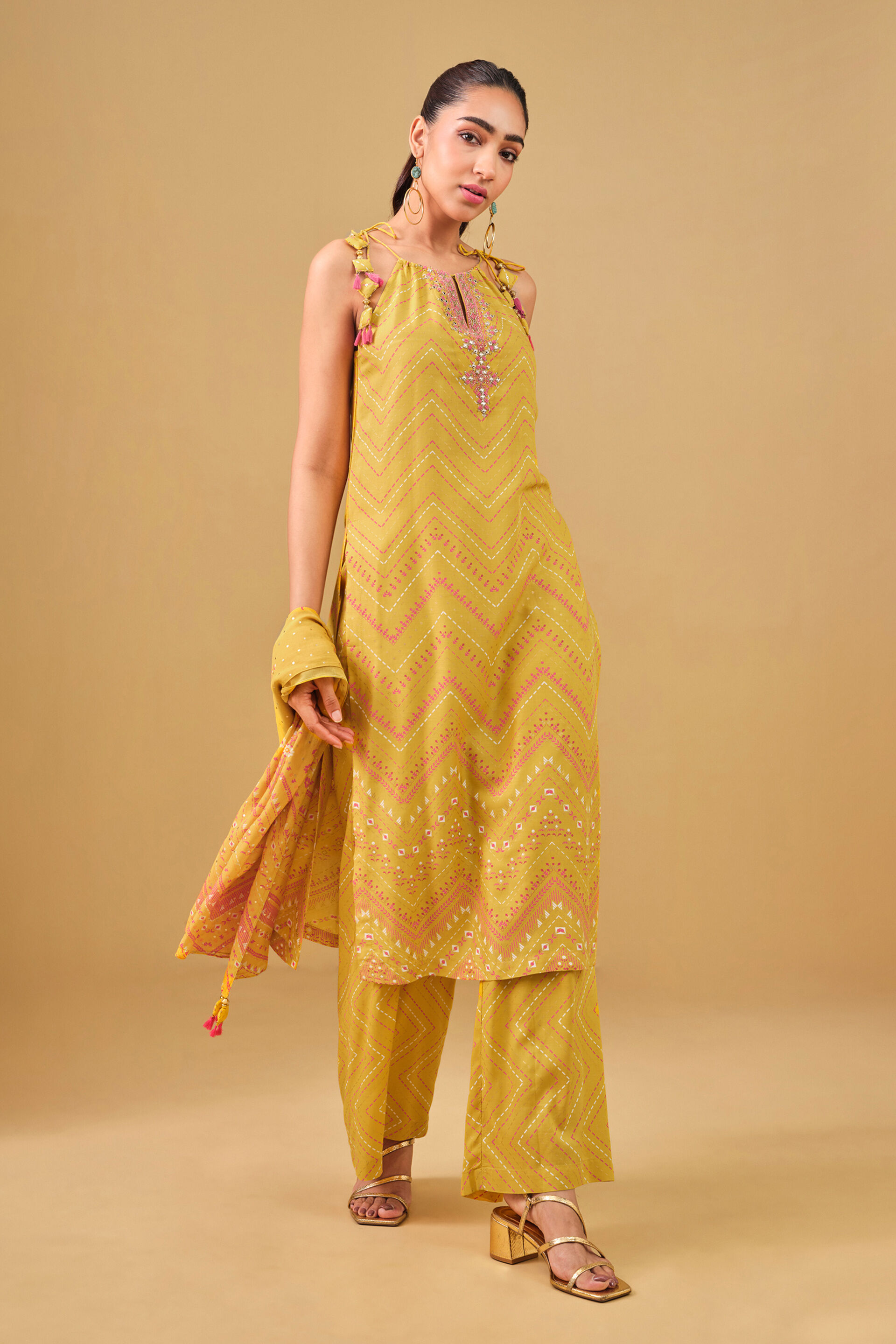 Embroidered Yellow Kurta Set, Mustard, image 2
